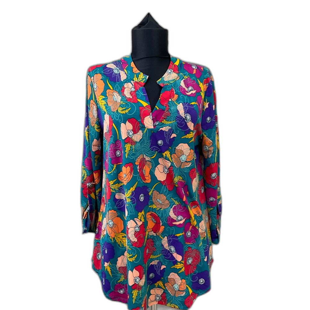 Dear Scarlett Floral Tunic Top Blouse Women's S multicolor  V-Neck Roll-Tab